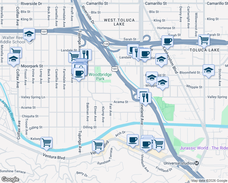 map of restaurants, bars, coffee shops, grocery stores, and more near 11153 Valley Spring Place in Los Angeles