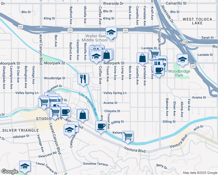 map of restaurants, bars, coffee shops, grocery stores, and more near 4303 Irvine Avenue in Los Angeles