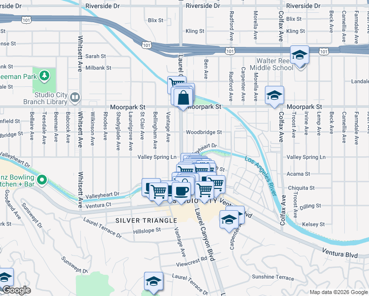 map of restaurants, bars, coffee shops, grocery stores, and more near 4211 Laurel Canyon Boulevard in Los Angeles