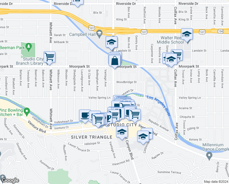 map of restaurants, bars, coffee shops, grocery stores, and more near 4211 Laurel Canyon Boulevard in Los Angeles