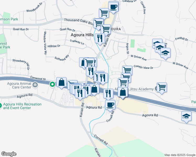 map of restaurants, bars, coffee shops, grocery stores, and more near 29150 Medea Lane in Agoura Hills