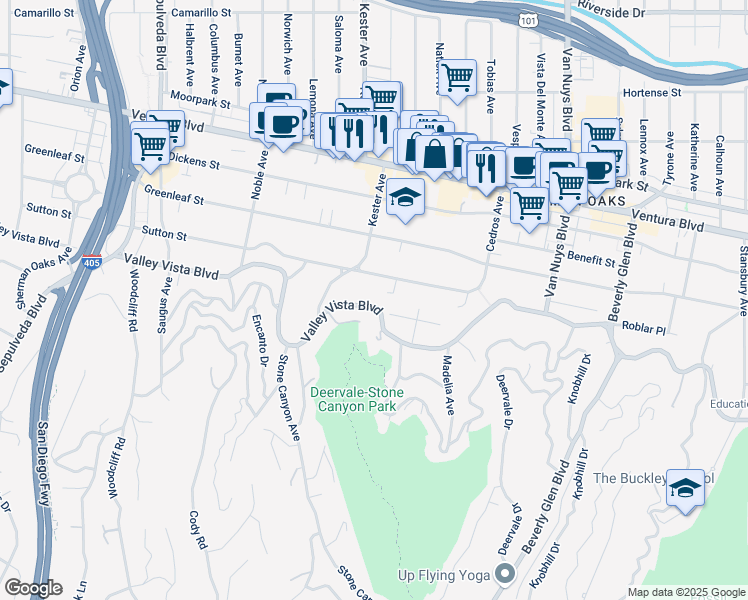 map of restaurants, bars, coffee shops, grocery stores, and more near 14835 Valley Vista Boulevard in Los Angeles