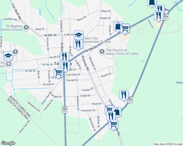 map of restaurants, bars, coffee shops, grocery stores, and more near 401 Live Oak Street in Tabor City