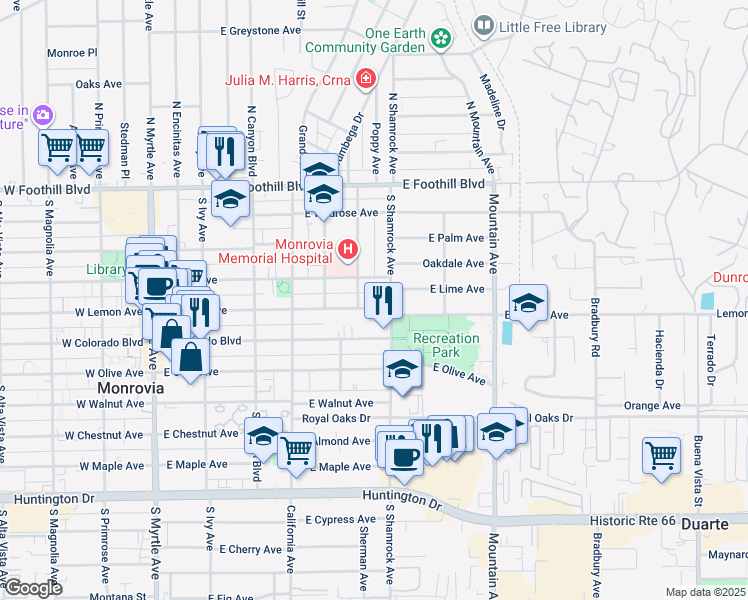 map of restaurants, bars, coffee shops, grocery stores, and more near 615 East Lemon Avenue in Monrovia