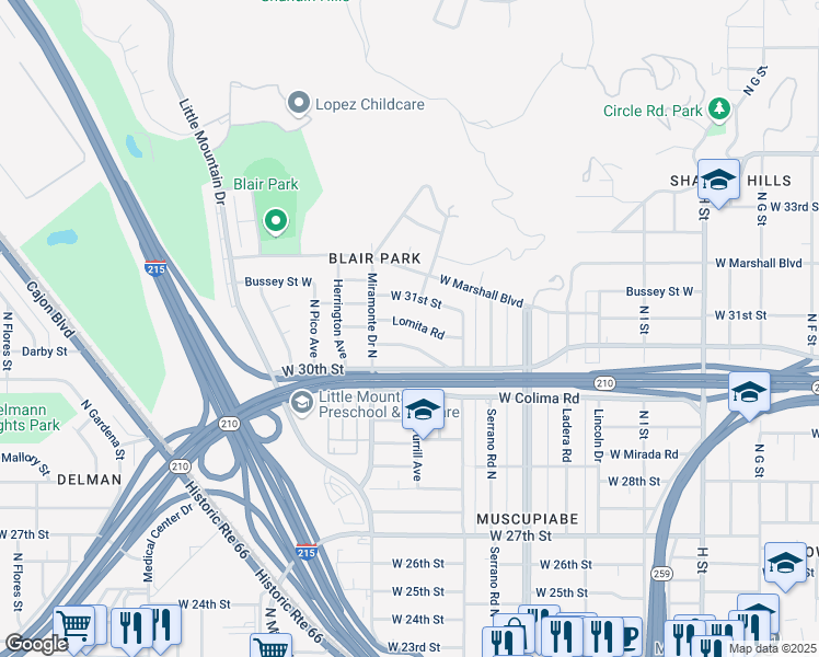 map of restaurants, bars, coffee shops, grocery stores, and more near 1263 Lomita Road in San Bernardino
