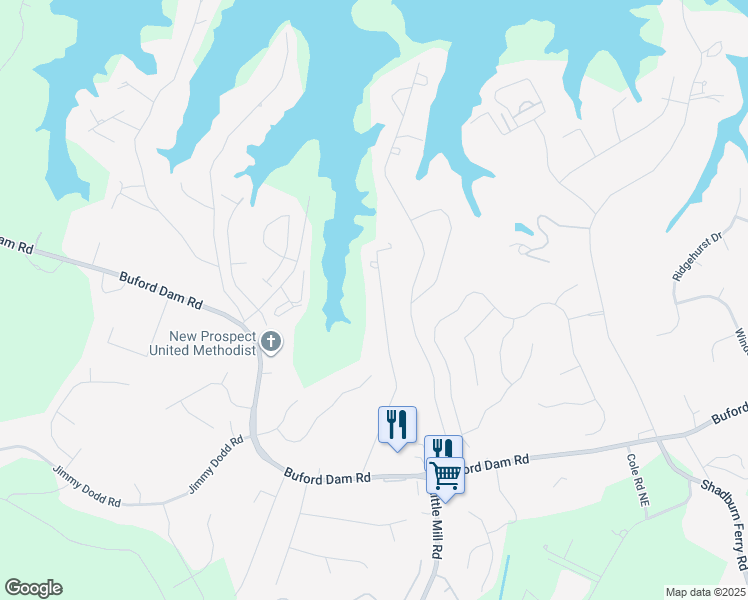 map of restaurants, bars, coffee shops, grocery stores, and more near 5968 Dolvin Lane in Buford