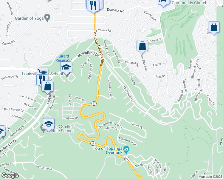 map of restaurants, bars, coffee shops, grocery stores, and more near 4420 Cezanne Avenue in Los Angeles