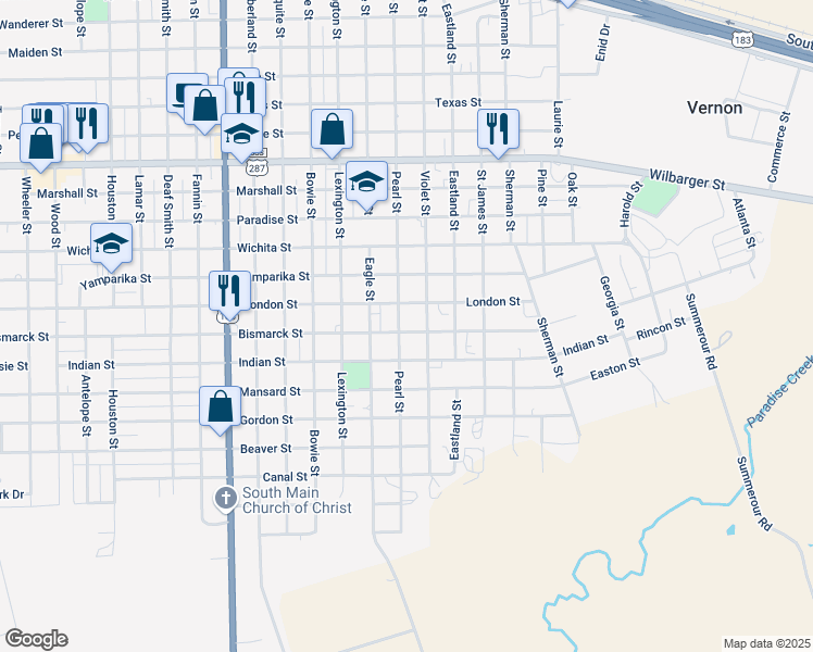 map of restaurants, bars, coffee shops, grocery stores, and more near 2401 Pearl Street in Vernon