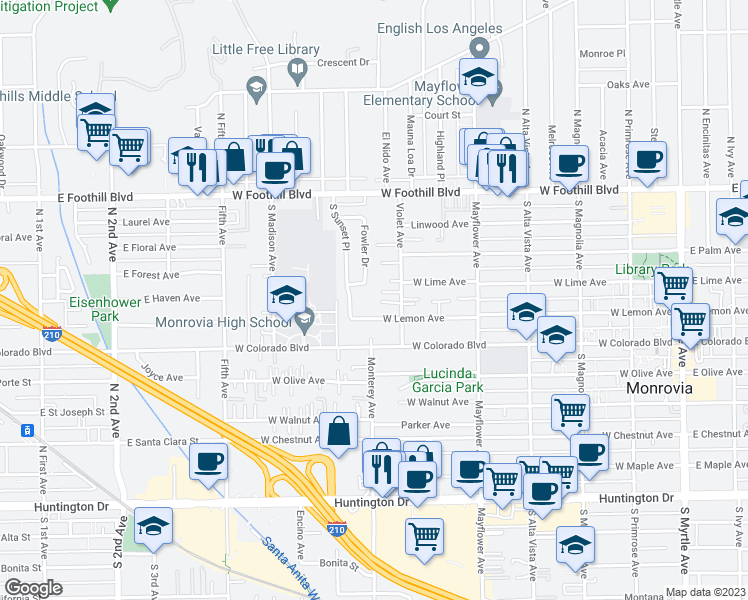 map of restaurants, bars, coffee shops, grocery stores, and more near 725 West Lemon Avenue in Monrovia