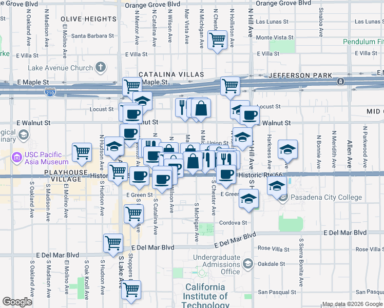 map of restaurants, bars, coffee shops, grocery stores, and more near 64 North Mar Vista Avenue in Pasadena