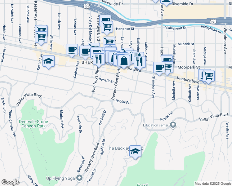 map of restaurants, bars, coffee shops, grocery stores, and more near 14356 Greenleaf Street in Los Angeles