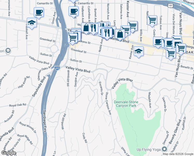 map of restaurants, bars, coffee shops, grocery stores, and more near 15078 Del Gado Drive in Los Angeles