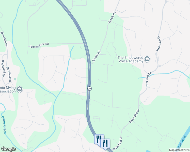 map of restaurants, bars, coffee shops, grocery stores, and more near 3450 Alexander Circle in Cumming