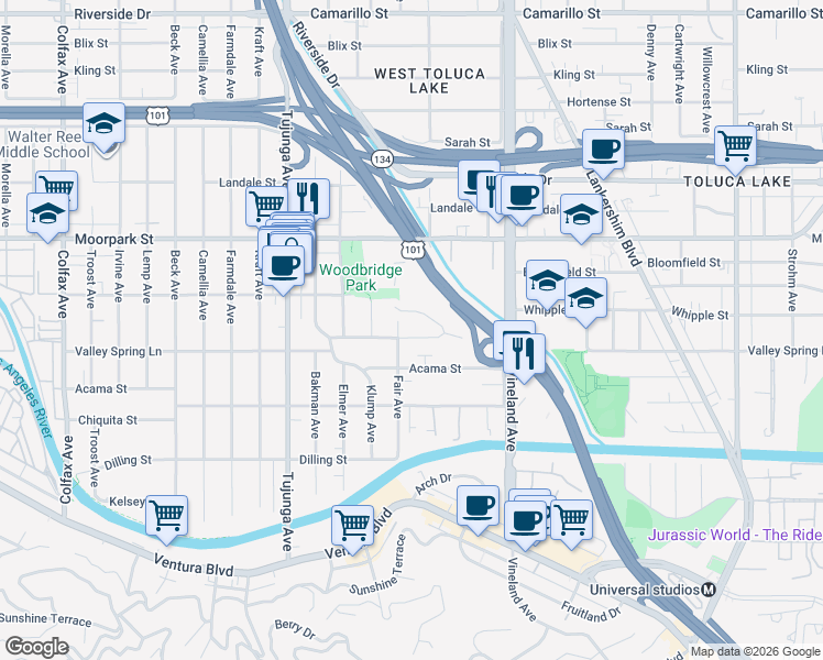 map of restaurants, bars, coffee shops, grocery stores, and more near 11153 Valley Spring Place in Los Angeles