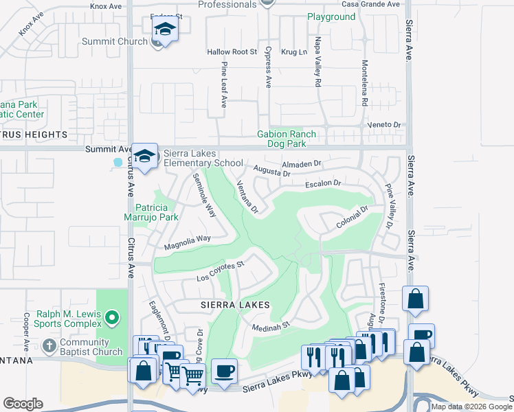 map of restaurants, bars, coffee shops, grocery stores, and more near 5871 Ventana Drive in Fontana