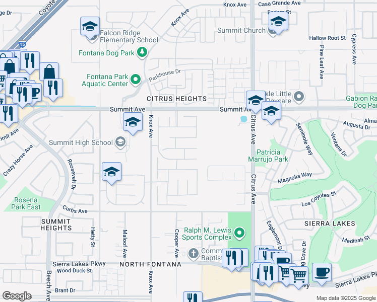 map of restaurants, bars, coffee shops, grocery stores, and more near 15849 Snowy Peak Lane in Fontana