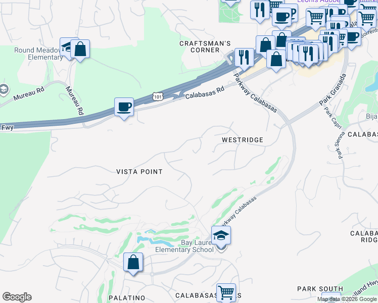 map of restaurants, bars, coffee shops, grocery stores, and more near 24366 La Masina Court in Calabasas
