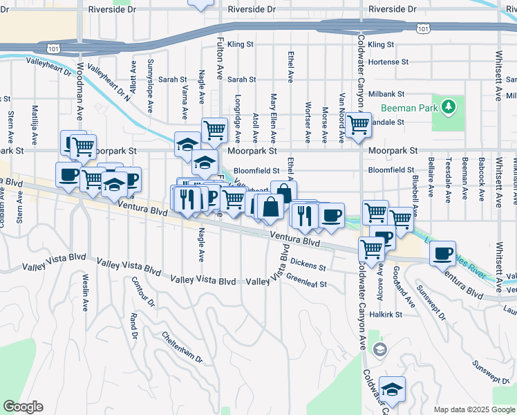 map of restaurants, bars, coffee shops, grocery stores, and more near 4243 Mary Ellen Avenue in Los Angeles