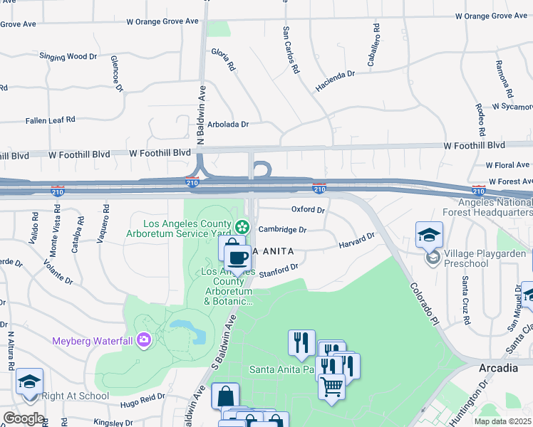 map of restaurants, bars, coffee shops, grocery stores, and more near 480 Oxford Drive in Arcadia