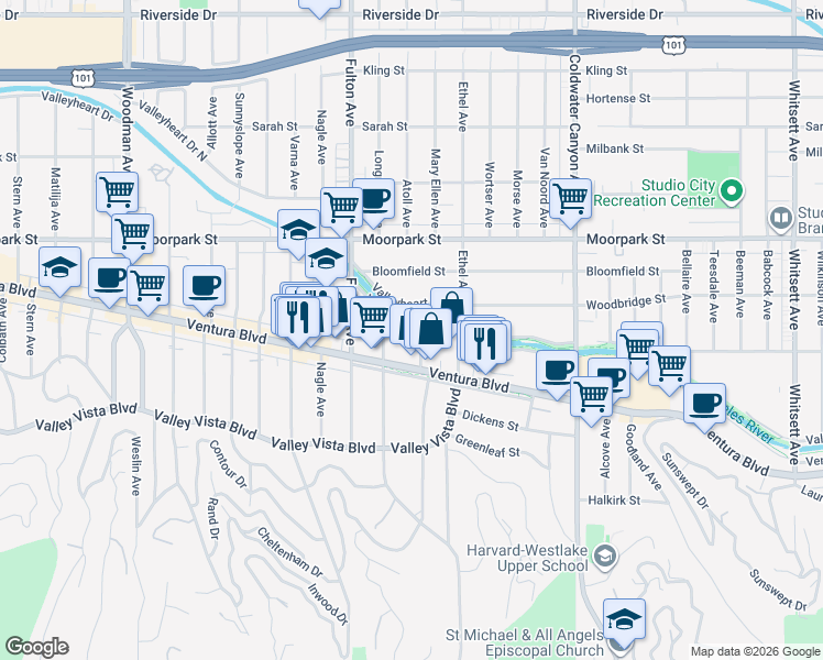 map of restaurants, bars, coffee shops, grocery stores, and more near 4243 Mary Ellen Avenue in Los Angeles