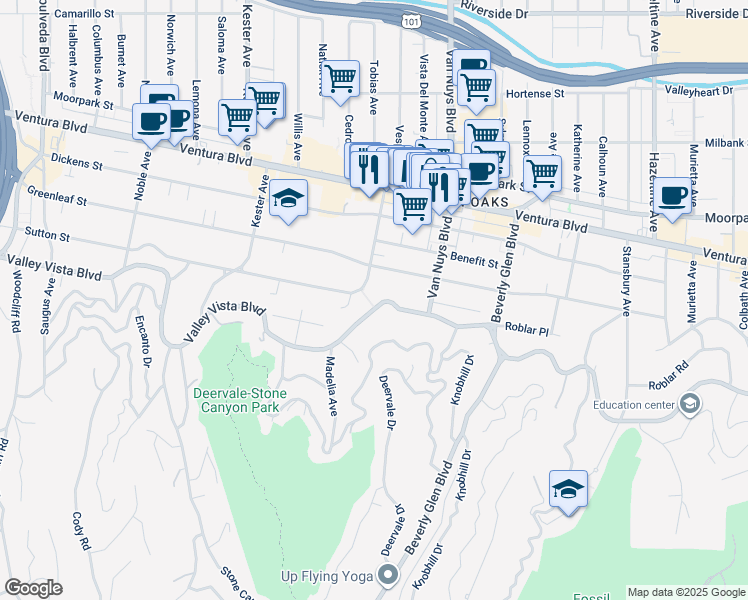 map of restaurants, bars, coffee shops, grocery stores, and more near 14571 Valley Vista Boulevard in Los Angeles
