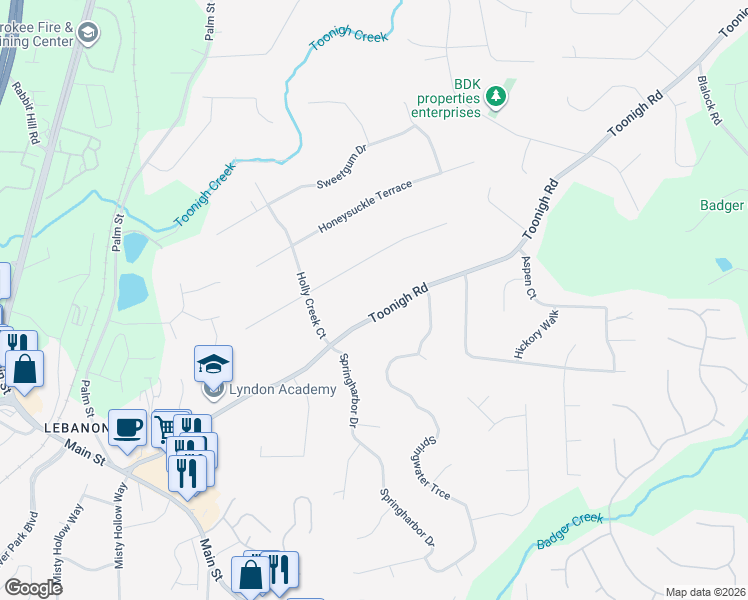 map of restaurants, bars, coffee shops, grocery stores, and more near 220 Holly Creek Way in Woodstock