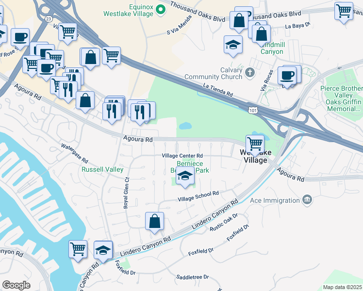 map of restaurants, bars, coffee shops, grocery stores, and more near 4524 Greengate Court in Westlake Village