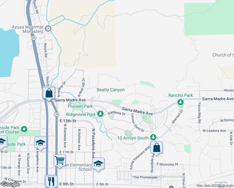 map of restaurants, bars, coffee shops, grocery stores, and more near 627 East Sierra Madre Avenue in Azusa