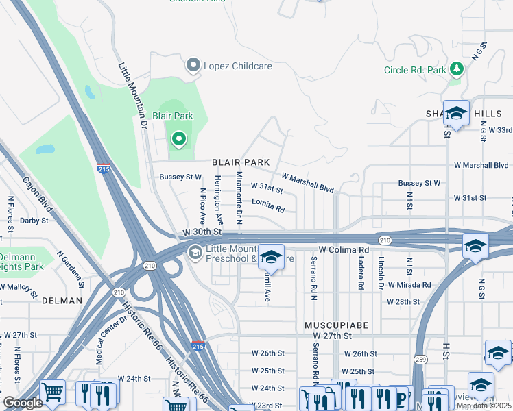 map of restaurants, bars, coffee shops, grocery stores, and more near 1253 Lomita Road in San Bernardino