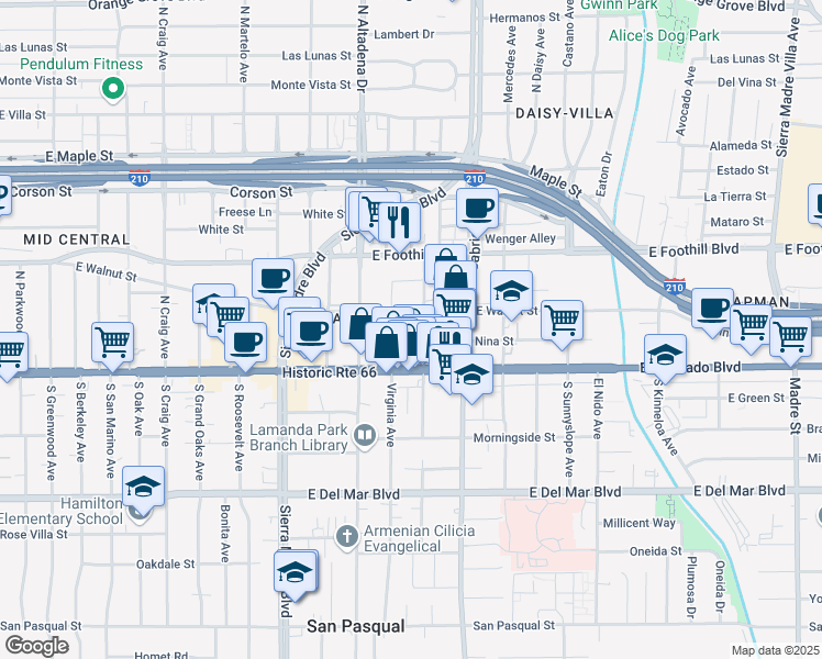 map of restaurants, bars, coffee shops, grocery stores, and more near 2620 East Walnut Street in Pasadena