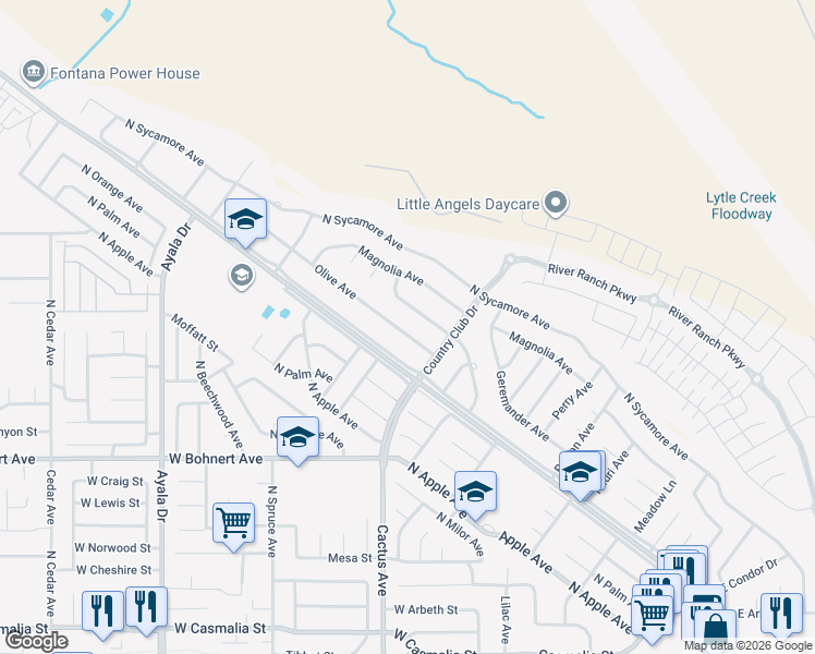 map of restaurants, bars, coffee shops, grocery stores, and more near 5855 Olive Avenue in Rialto