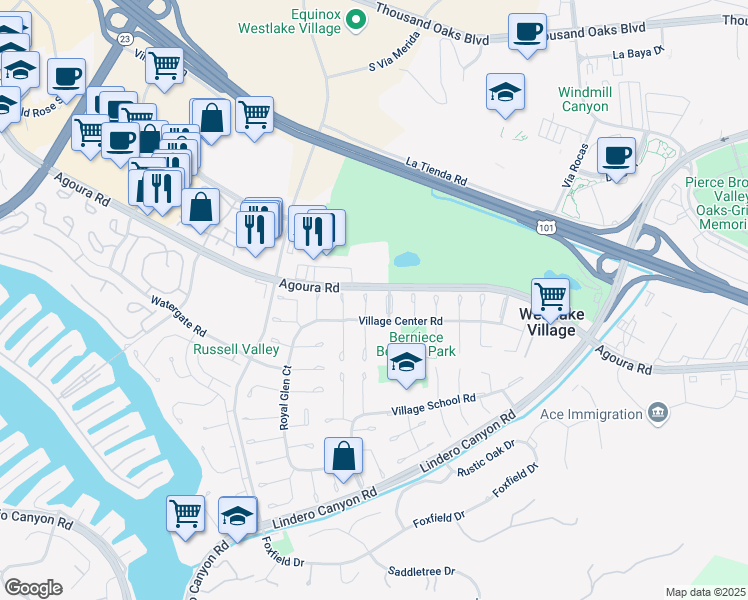map of restaurants, bars, coffee shops, grocery stores, and more near 4524 Beaconsfield Court in Westlake Village