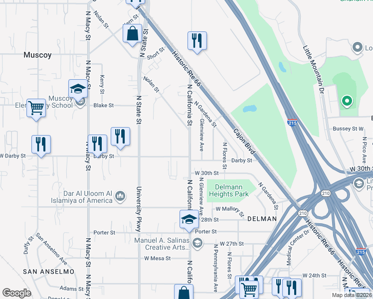 map of restaurants, bars, coffee shops, grocery stores, and more near 3030 North California Street in Muscoy