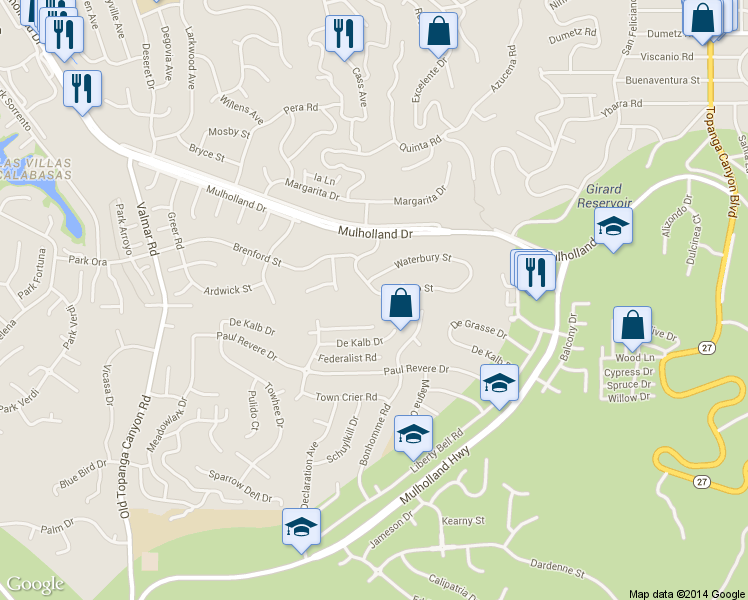 map of restaurants, bars, coffee shops, grocery stores, and more near 22668 Flamingo Street in Los Angeles