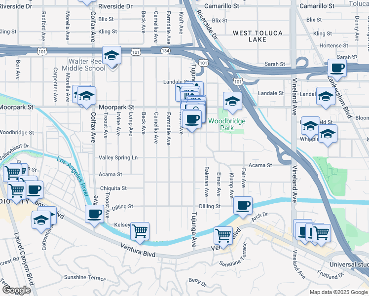 map of restaurants, bars, coffee shops, grocery stores, and more near 4300 Kraft Avenue in Los Angeles