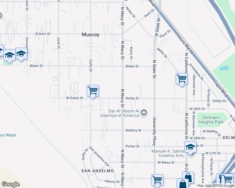 map of restaurants, bars, coffee shops, grocery stores, and more near 2818 North Macy Street in Muscoy