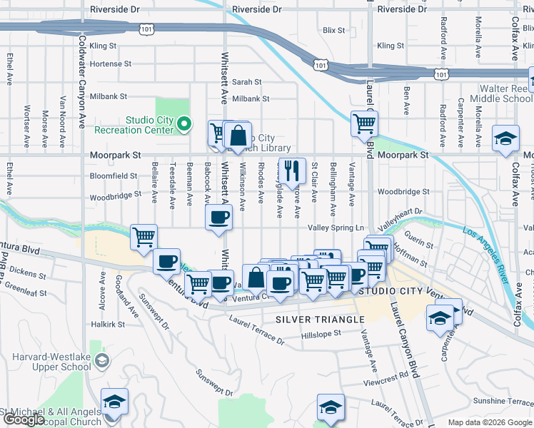 map of restaurants, bars, coffee shops, grocery stores, and more near 4222 Rhodes Avenue in Los Angeles