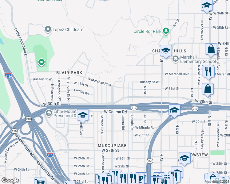 map of restaurants, bars, coffee shops, grocery stores, and more near 3075 Muscupiabe Drive in San Bernardino