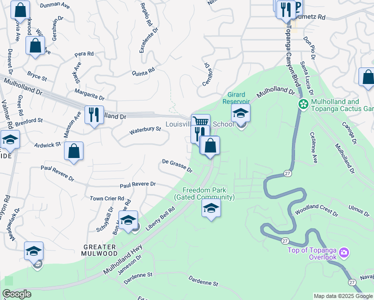 map of restaurants, bars, coffee shops, grocery stores, and more near 4327 Freedom Drive in Calabasas