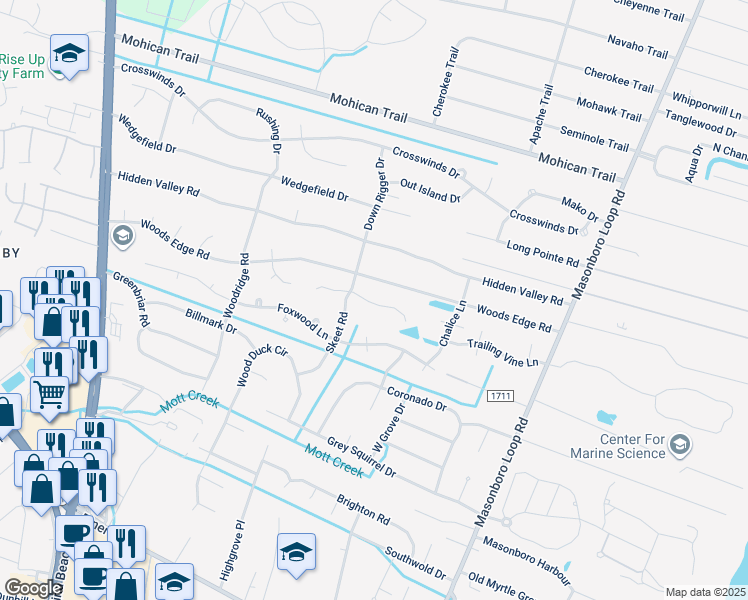 map of restaurants, bars, coffee shops, grocery stores, and more near 5117 Laurenbridge Lane in Wilmington