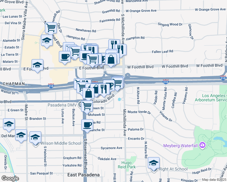 map of restaurants, bars, coffee shops, grocery stores, and more near 3842 East Walnut Street in Pasadena