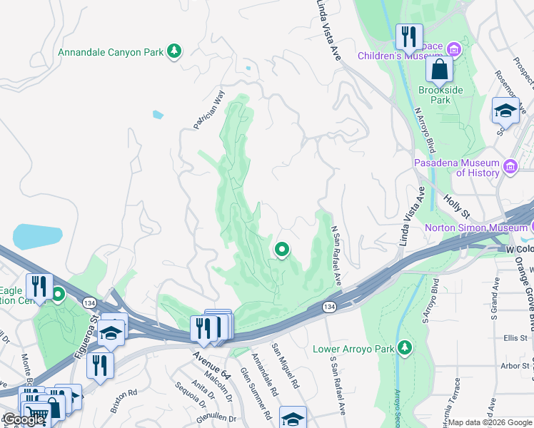 map of restaurants, bars, coffee shops, grocery stores, and more near 1240 Chateau Road in Pasadena