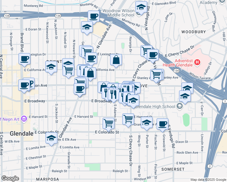 map of restaurants, bars, coffee shops, grocery stores, and more near 131 North Adams Street in Glendale