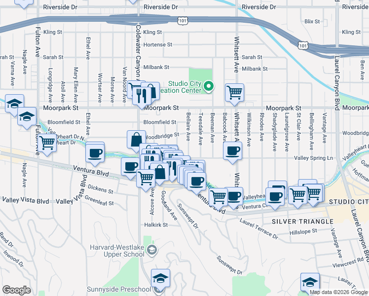map of restaurants, bars, coffee shops, grocery stores, and more near 4227 Bellaire Avenue in Los Angeles