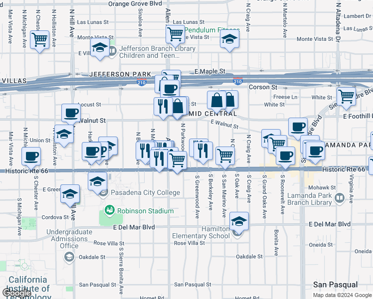 map of restaurants, bars, coffee shops, grocery stores, and more near 74 North Parkwood Avenue in Pasadena