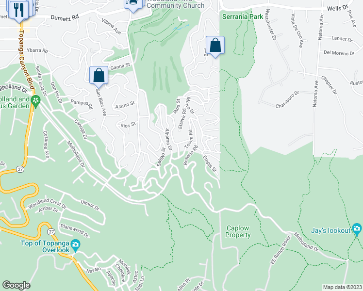 map of restaurants, bars, coffee shops, grocery stores, and more near 21024 Topochico Drive in Los Angeles