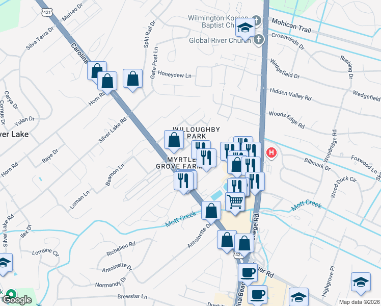 map of restaurants, bars, coffee shops, grocery stores, and more near 5119 Carolina Beach Rd in Wilmington