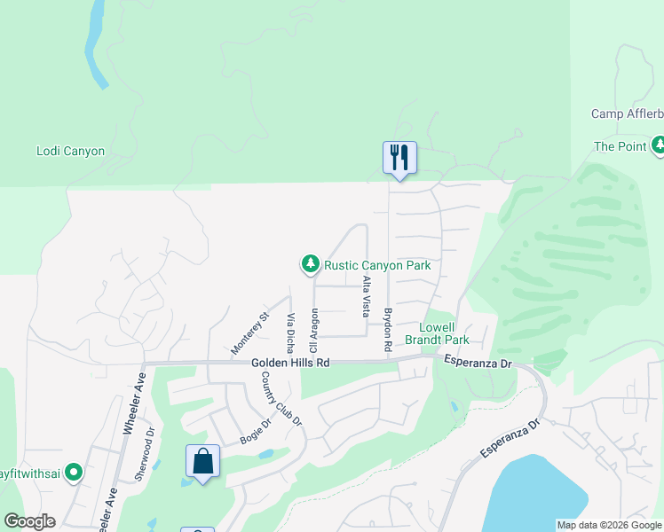map of restaurants, bars, coffee shops, grocery stores, and more near 7350 Calle Aragon in La Verne