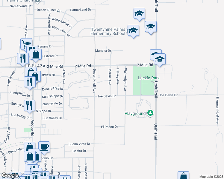 map of restaurants, bars, coffee shops, grocery stores, and more near 5849 Marine Avenue in Twentynine Palms