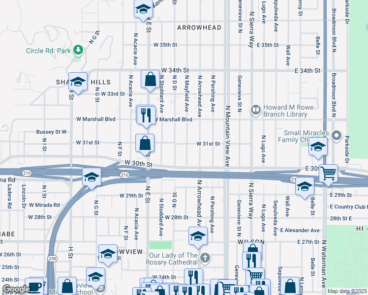 map of restaurants, bars, coffee shops, grocery stores, and more near 3088 North Mayfield Avenue in San Bernardino